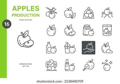 Conjunto de ícones de produção da Apple. Ilustrações de linha fina de colheita de maçã, suco, conservas e embalagens para a indústria alimentar e agrícola