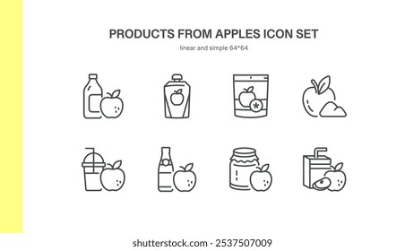 Conjunto de iconos de Productos de manzana. Ilustraciones de línea fina de vinagre de manzana, bolsa de puré, chips secos, pectina de manzana, jugo, sidra, mermelada. Productos De Alimentos De Manzana Empaquetados Que Representan