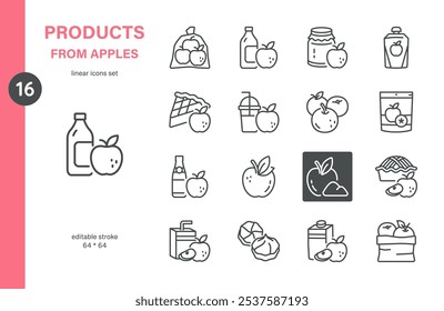 Conjunto de ícones de produtos Apple. Ilustrações lineares finas de AppleFood, Sobremesas, Sucos, Vinagre e Outros Produtos Apple. Sinais isolados de vetor de contorno para produção e mercado.