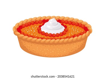 Apple Or Pumkin Pie Decorated With Cream And Cranberries.Traditional Thaksgiving Dish, Meal, Food. Baked Tasty Homemeade Sweet. Vector Illustration, Cartoon, Simbol, Icon, Object, Design Element