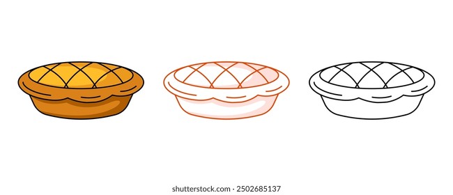 Manzana o pastel de calabaza, colorido y línea icono conjunto. Panadería casera tradicional de temporada para vacaciones, icono de contorno plano de Vector, ilustración monocromática y en color. Para el logotipo, etiqueta engomada, libro para colorear, etiqueta