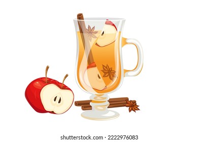 Apple punch, cider, with apple slices, cinnamon, anise. Hot winter cocktail, Christmas drink. Vector illustration.