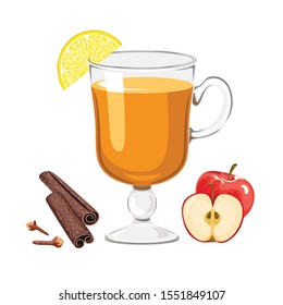 Apple punch isolated on white background. Hot traditional alcoholic drink in glass cup with apple, lemon, cinnamon sticks and cloves. Vector illustration of winter drink in cartoon flat style.