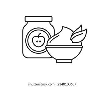 Apple puree in baby food jar and bowl with yogurt, jam, ice cream, dessert. Kids nutrition icon. Vector outline black illustration isolated on white background