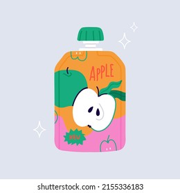 Apple puree in plastic pouch. Baby nutritious dessert closeup view. Fruit slice cut with seeds. Snack to go vector illustration. Juicy packaging design.