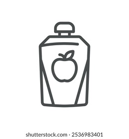 Icono de la bolsa de puré de manzana. Ilustración de línea simple de una bolsa con puré de manzana, que representa un recipiente de plástico con alimentos orgánicos para bebés de manzana y bocadillos saludables.