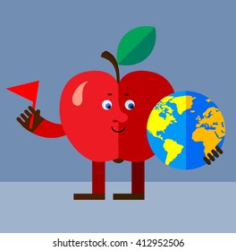 Apple putting flag mark the globe. Flat style vector illustration. Funny cartoon character for agriculture or food design
