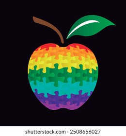 Apple puzzle assembled from colorful pieces. Vector isolated on black background.	
