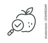 Apple Quality Check Icon. Simple Line Illustration of an Apple with a Magnifying Glass, Representing Organic Food Inspection and Quality Control.