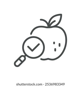 Icono de control de calidad de Apple. Ilustración de línea simple de una manzana con una lupa, que representa la inspección de alimentos orgánicos y el control de calidad.