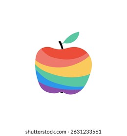 Apple with rainbow stripes. Bright flat design element. LGBTQ+ themed fruit icon with green leaf on white background. Perfect for educational, nutrition, Pride Month, equality-related designs.