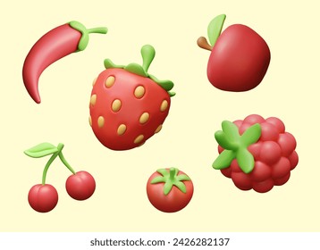 Apple, raspberry, hot pepper, cherry, strawberry, tomato in 3D style