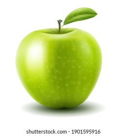 Apple. Realistic 3d Vector illustration of fresh green apple with single leaf, realistic gradient mesh design, isolated on white