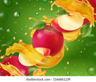 Apple realistic splashing juice 3d with red apples vector illustration