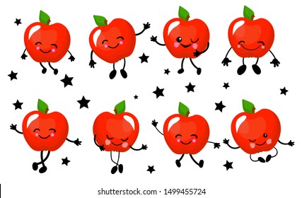 The apple is red. Character is cheerful with arms and legs. Set of fruits on a white background.
