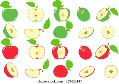 Apple. Red and green apples slices, collection of vector illustrations on a transparent background