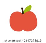 Apple, red ripe fruit with leaf, summer food in cute doodle simple style. Natural vitamin snack, healthy diet eating. Kids childish flat graphic vector illustration isolated on white background
