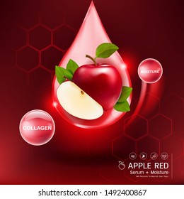 Apple Red Serum Collagen and Vitamin Vector Background Template for Skin Care Cosmetic Product.