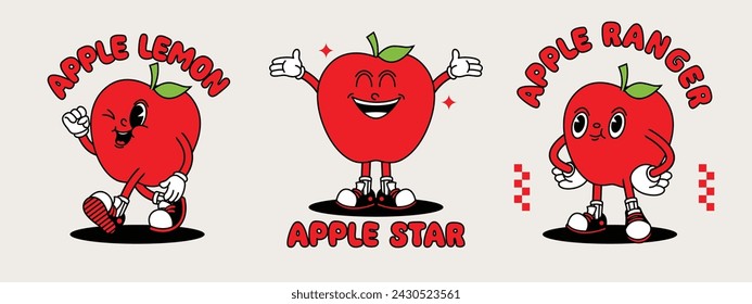 Apple retro mascot with hand and foot. Retro cartoon stickers with funny comic characters and gloved hands.