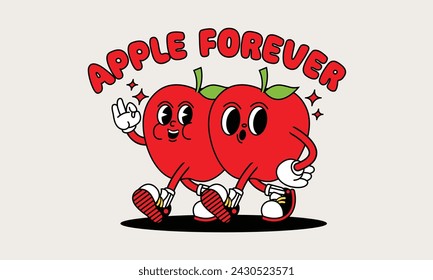 Apple retro mascot with hand and foot. Retro cartoon stickers with funny comic characters and gloved hands.