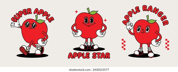 Apple retro mascot with hand and foot. Retro cartoon stickers with funny comic characters and gloved hands.