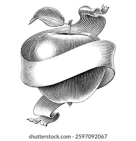 Apple with ribbon logo hand draw vintage engraving style clip art