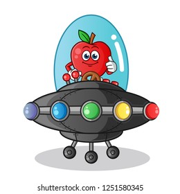 apple riding ufo mascot vector cartoon illustration