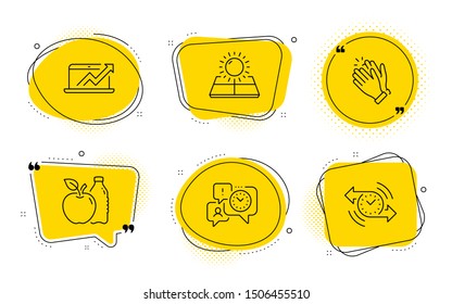 Apple, Sales diagram and Timer signs. Chat bubbles. Time management, Clapping hands and Sun energy line icons set. Office chat, Clap, Solar panels. Diet food. Business set. Vector