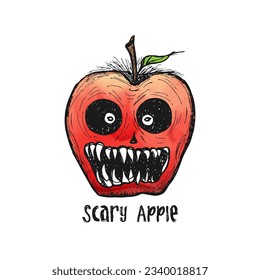 Apple with a scary evil face watercolor cartoon drawing vector illustration.