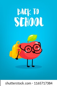 Сartoon apple schoolboy with backpack on blue background. Back to school card. Vector.