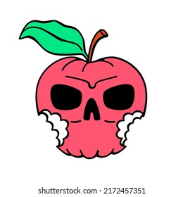 Apple with scull face, cartoon character in doodle retro design. Print for t-shirt, sticker, street wear. Isolated vector illustration.