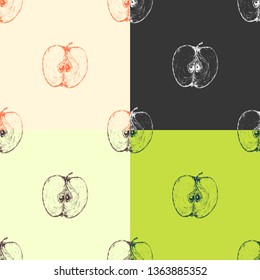 Apple. Seamless background with apples cores . Vector art illustration. Hand drawing. Pattern with natural motifs for kitchen design