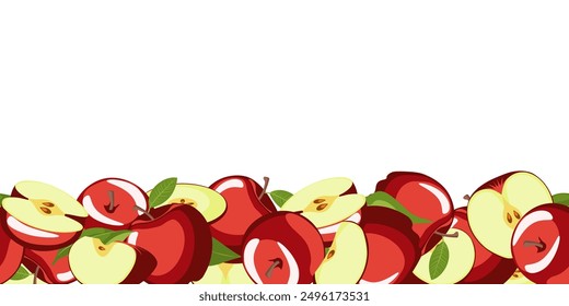 apple seamless border. The painted sweet, juicy apples are arranged in a horizontal line. vector illustration of whole red fruits and pieces in cartoon style. isolated on white