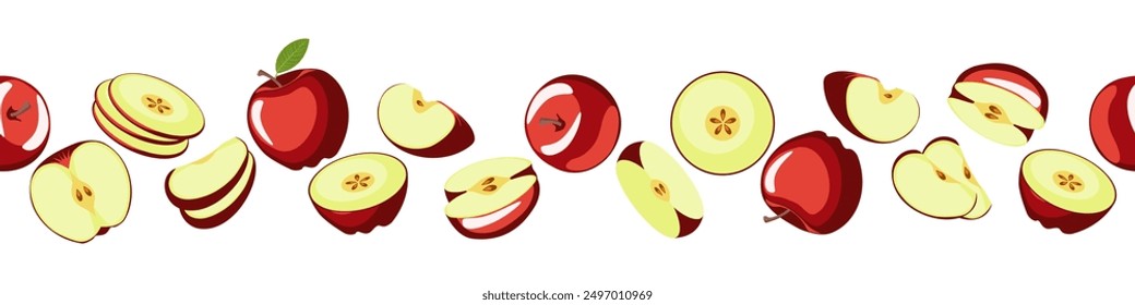 Borde transparente de Apple. Las manzanas dulces y jugosas pintadas están dispuestas en una línea Horizontal. Ilustración vectorial de frutas rojas enteras y piezas en estilo de dibujos animados. aisladas en blanco