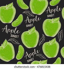 Apple seamless pattern background. Food texture with hand-drawing fruits. Graphic print for restaurant template.