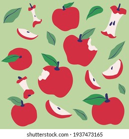 Apple seamless pattern design for fabric or wallpaper.fruit, leaves and apple slice. Vector hand drawn illustration.