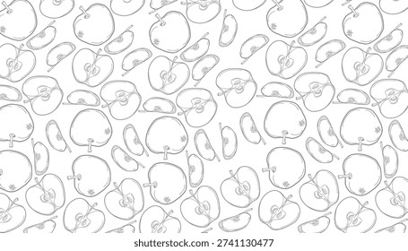 Apple Seamless Pattern Design. Apple Hand Drawn Fruit Illustration. Minimal Line Art Style. Repeating Background Surface. Packaging Textile Print Use.
