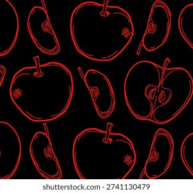 Apple Seamless Pattern Design. Apple Hand Drawn Fruit Illustration. Minimal Line Art Style. Repeating Background Surface. Packaging Textile Print Use.