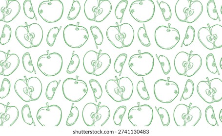 Apple Seamless Pattern Design. Apple Hand Drawn Fruit Illustration. Minimal Line Art Style. Repeating Background Surface. Packaging Textile Print Use.