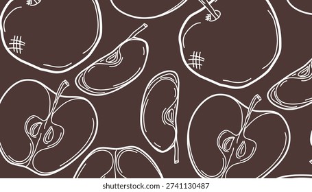 Apple Seamless Pattern Design. Apple Hand Drawn Fruit Illustration. Minimal Line Art Style. Repeating Background Surface. Packaging Textile Print Use.