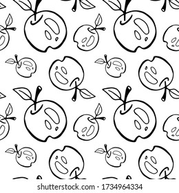Apple seamless pattern in Doodle style. Black outline on a white background. For menu design, product packaging, fabric.