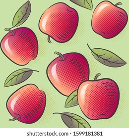 Apple seamless pattern. Apple fruits with leaves. Engraved style vintage botanical background. Can be use for design menu, packaging, recipes, market products.