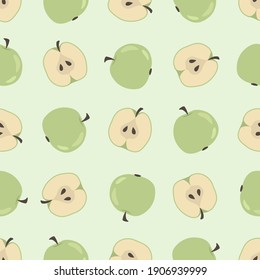 Apple seamless pattern. Green apples and halfs apples on a light green background. Hand-drawn design for wrapping paper, fabric, textile, packaging, stationery. 