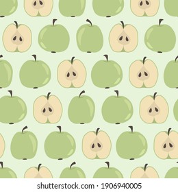 Apple seamless pattern. Green apples and halfs apples with seeds on a light green background. Hand-drawn design for wrapping paper, fabric, textile, packaging, stationery. 