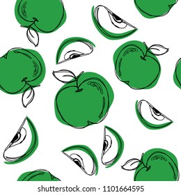 Apple seamless pattern. Green apple isolated on white background. Vector illustration.