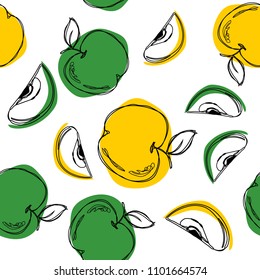 Apple seamless pattern. Green and yellow 
apple isolated on white background. Vector illustration.