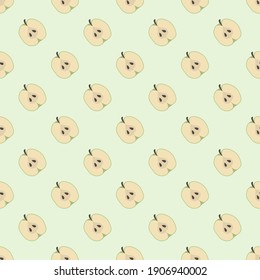 Apple seamless pattern. Halfs of green apples on a light green background. Hand-drawn design for wrapping paper, fabric, textile, packaging, stationery. 