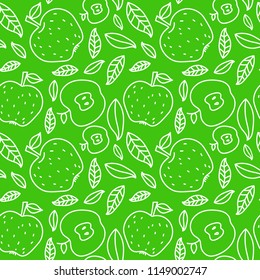 Apple seamless pattern. Hand drawn fresh fruit. Vector sketch background. Color doodle wallpaper. White and green print 