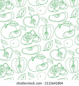 Apple seamless pattern. Hand drawn fresh fruit. Vector sketch background. Color doodle wallpaper. White and green print