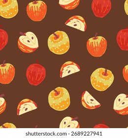 Apple seamless pattern. Hand-drawn vector repeat design featuring whole apples and apple slices in red and yellow tones on a brown background. 